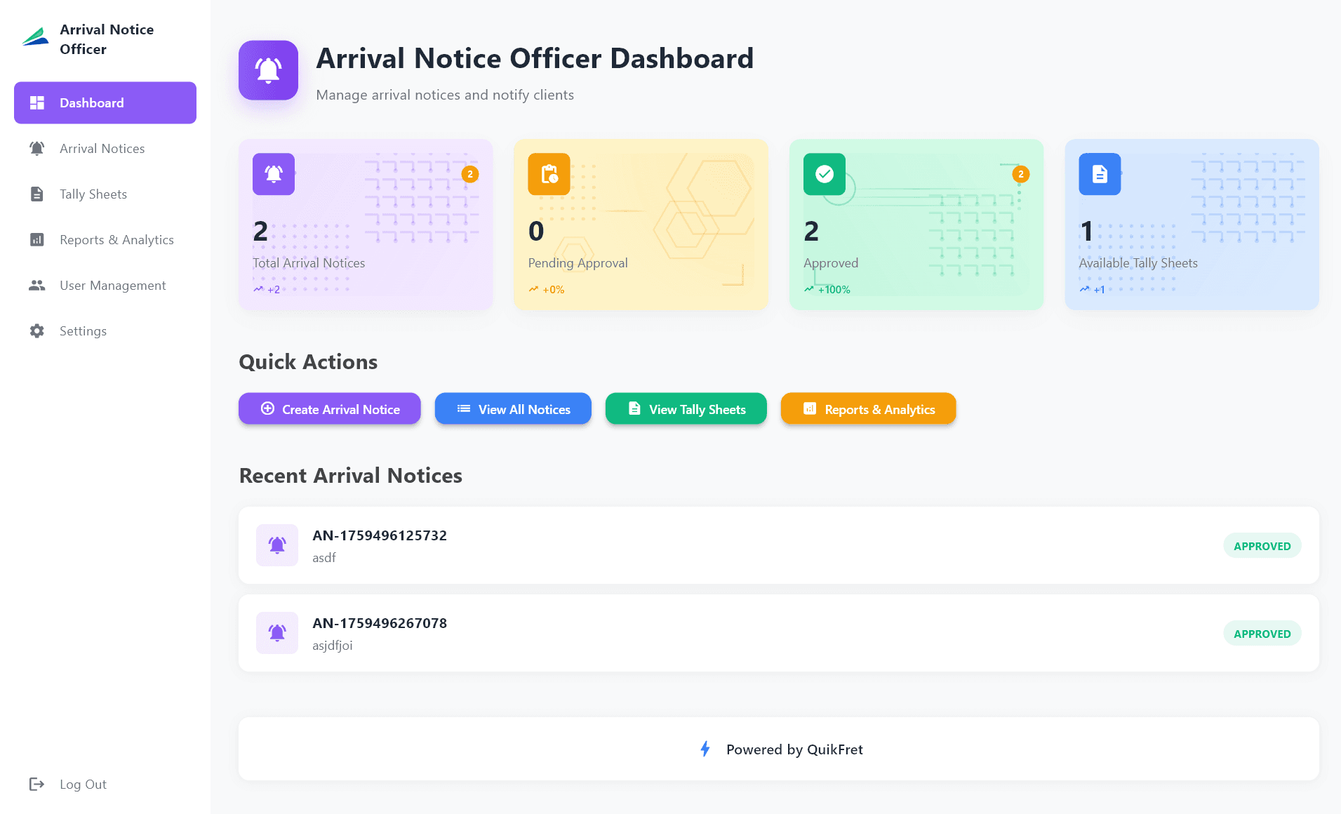 Arrival Notice Officer Dashboard